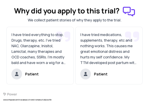 Trichotillomania Patient Testimony for trial: Trial Name: NCT05207085 — Phase 2