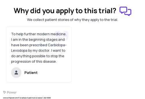 Parkinson's Disease Patient Testimony for trial: Trial Name: NCT04750226 — Phase 3