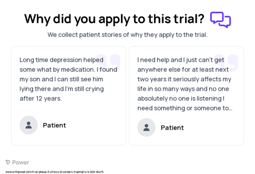 Post-Traumatic Stress Disorder Patient Testimony for trial: Trial Name: NCT04468360 — Phase 2