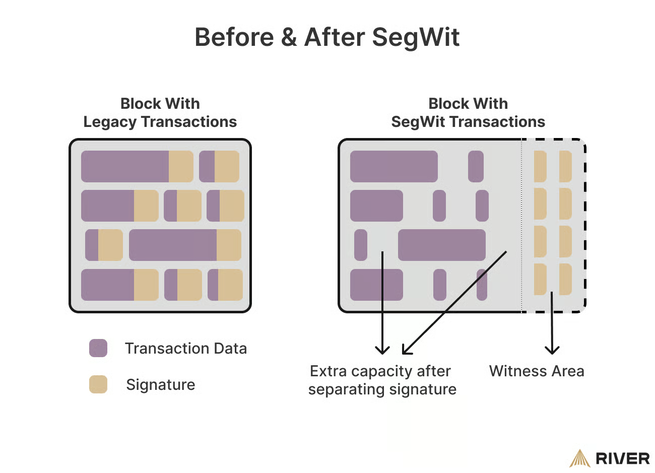 Bitcoin transaction diagram showing the difference between pre-SegWit and post-SegWit structure.