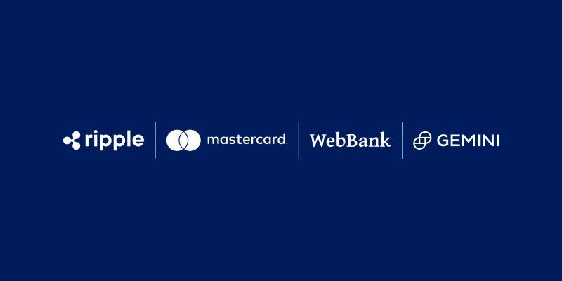 Ripple, Mastercard, WebBank, and Gemini collaboration graphic for RLUSD settlement on the XRP Ledger.