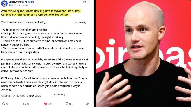 Screenshot of Coinbase CEO Brian Armstrong’s statement opposing the Senate CLARITY Act draft over tokenized equities, DeFi rules, CFTC authority, and stablecoin rewards.