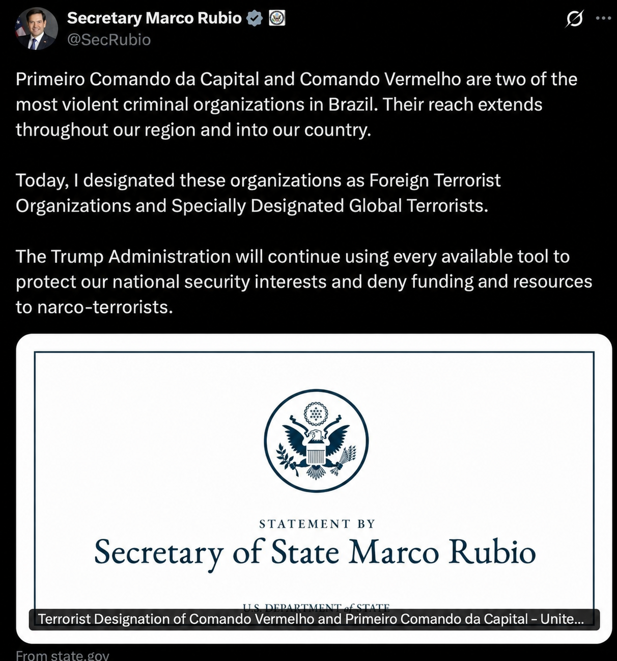 Screenshot of U.S. Secretary of State Marco Rubio’s post announcing visa restrictions on Brazilian judicial officials and their immediate family members.