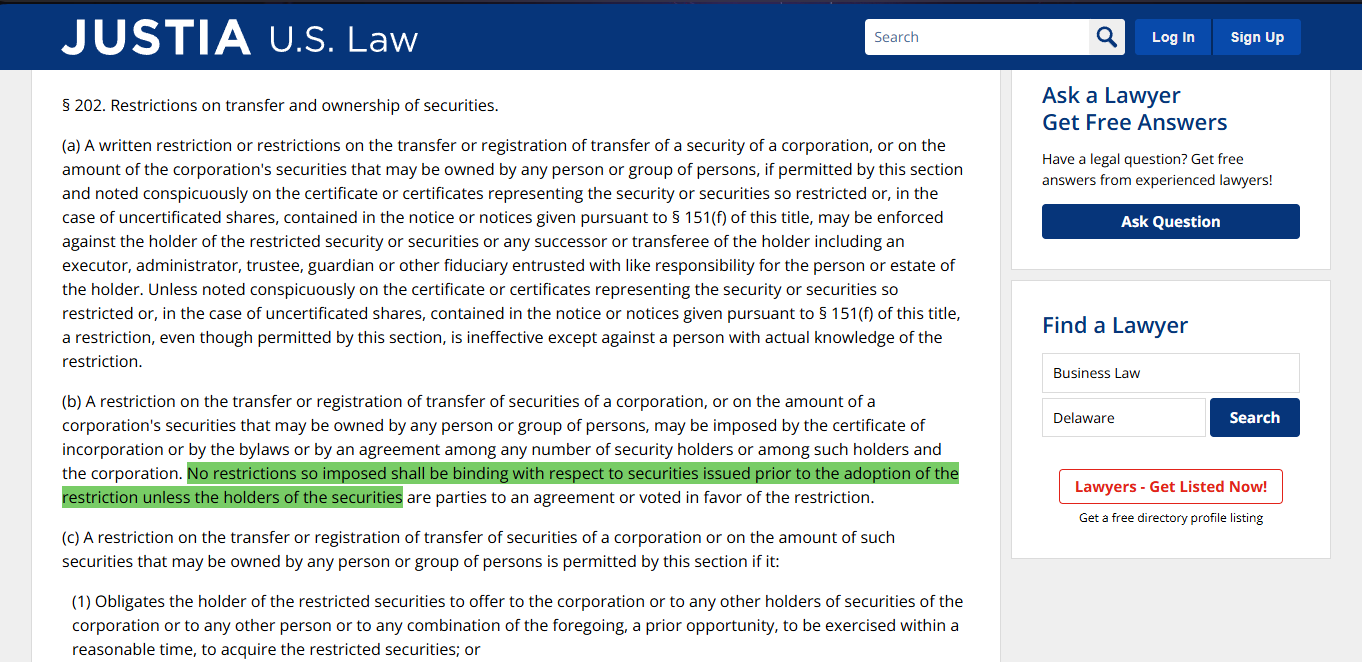 Screenshot of DGCL § 202(b) explaining Delaware transfer restriction rules for private company shareholders.