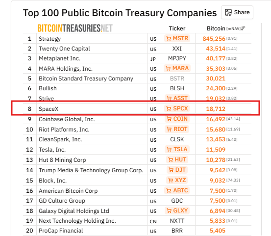 BitcoinTreasuries.net ranking showing SpaceX as the eighth-largest public Bitcoin treasury company with 18,712 BTC, highlighted in red.