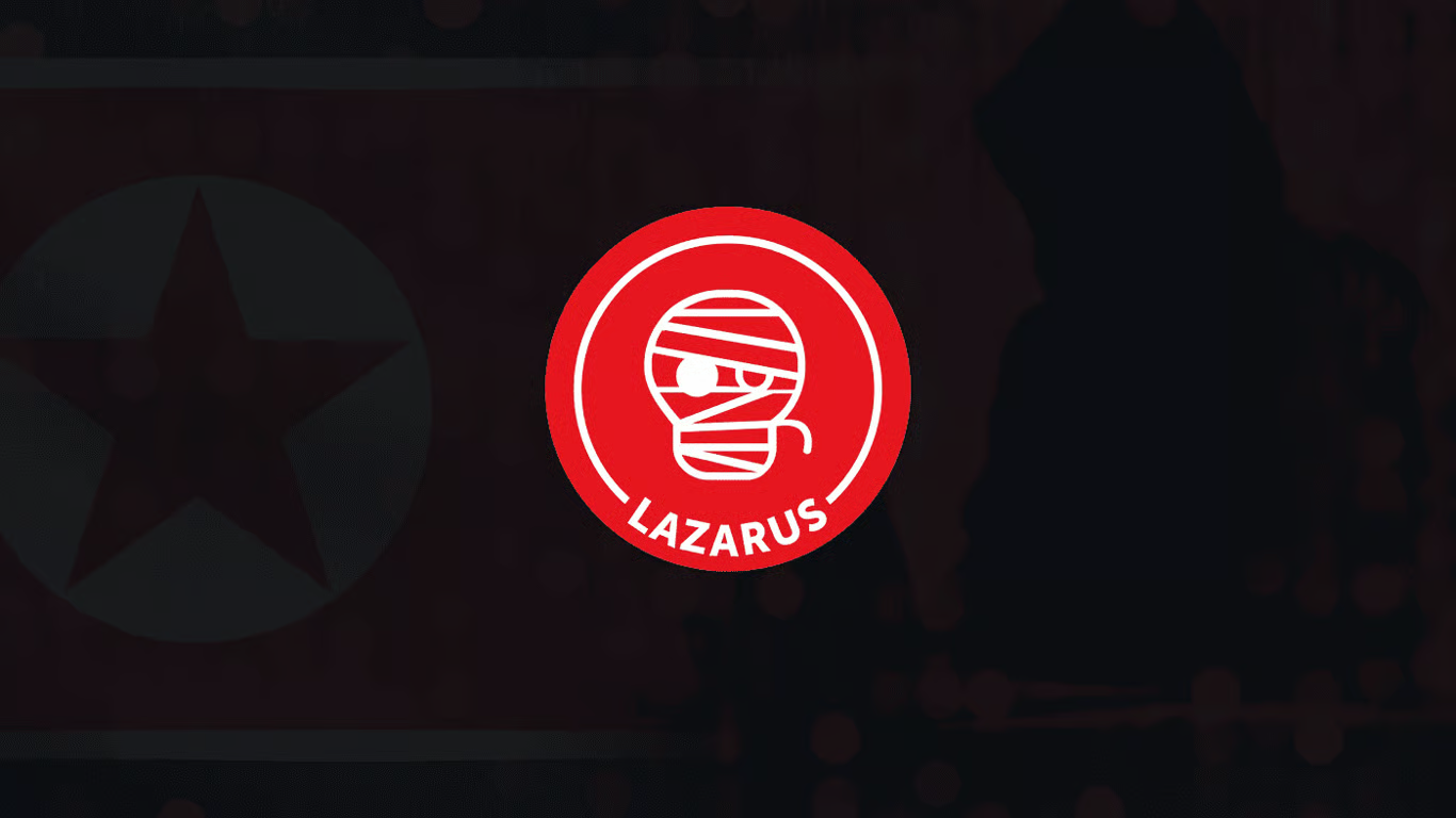Red circular Lazarus Group emblem with a bandaged mummy face and the word LAZARUS, set against a darkened North Korean flag.