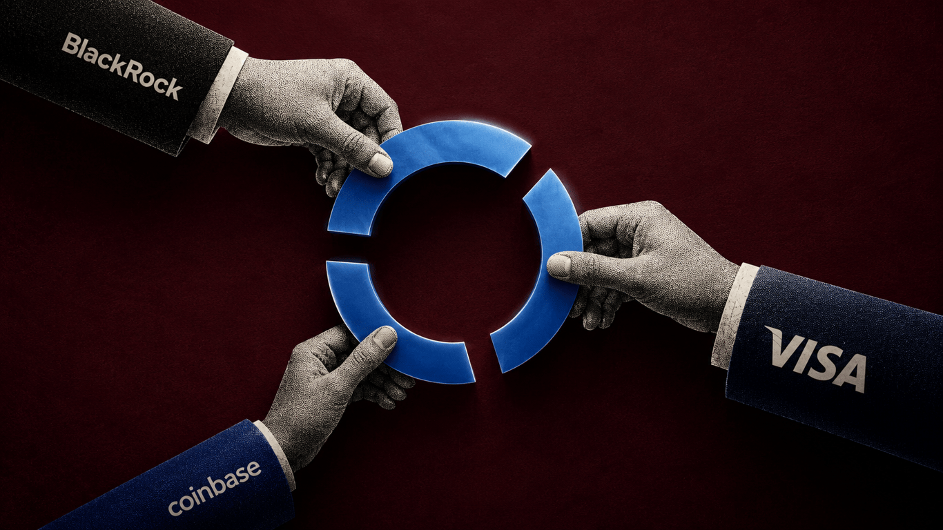 A 16:9 editorial illustration showing grayscale hands in business suit sleeves labeled BlackRock, VISA, and coinbase assembling a segmented blue circular ring on a dark burgundy background. The image represents major financial, payment, and crypto infrastructure players coordinating around one shared stablecoin standard under the OUSD consortium model.