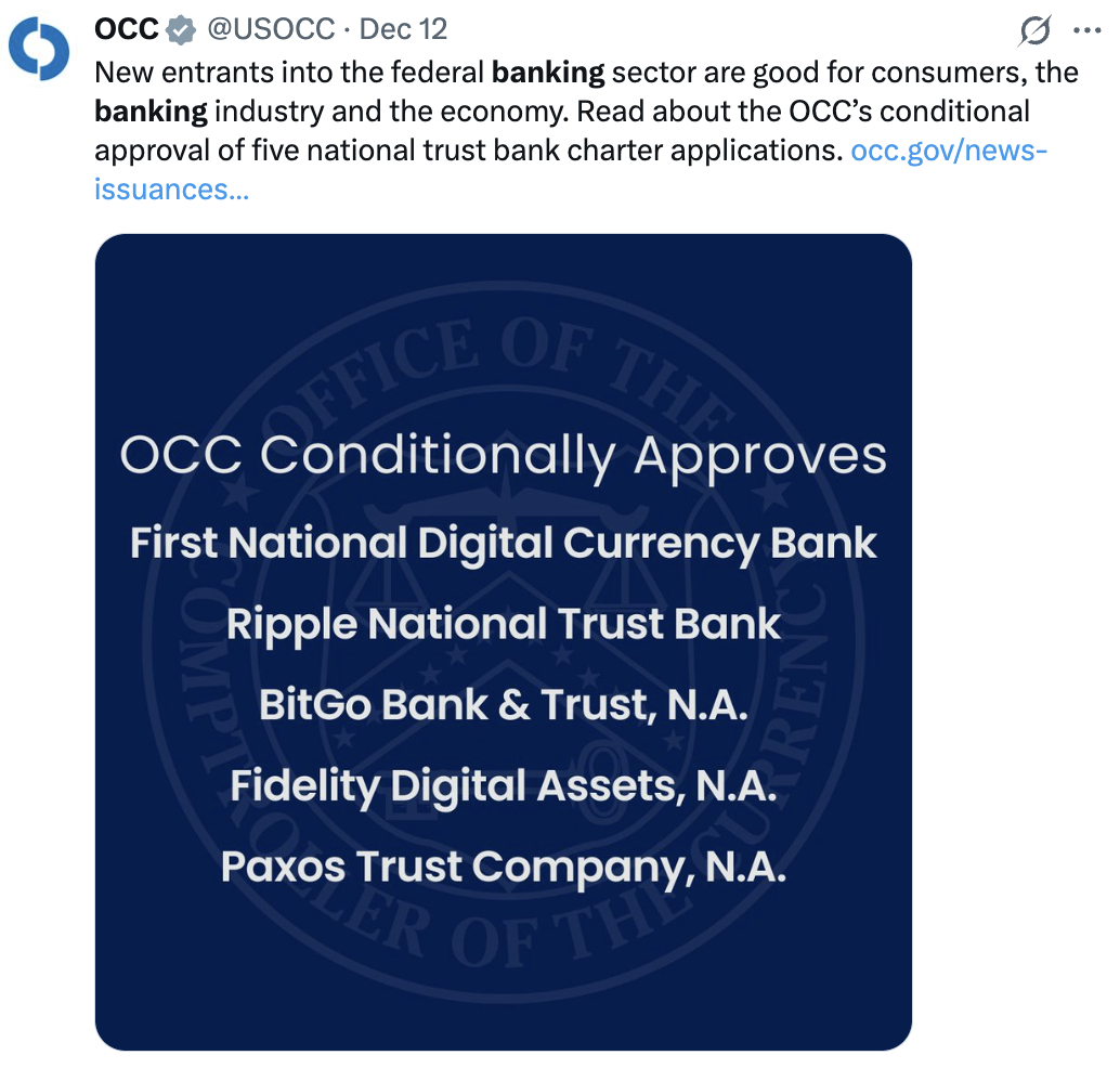 OCC visual showing new entrants into the federal banking sector as stablecoin issuers seek federal approval under the GENIUS Act.