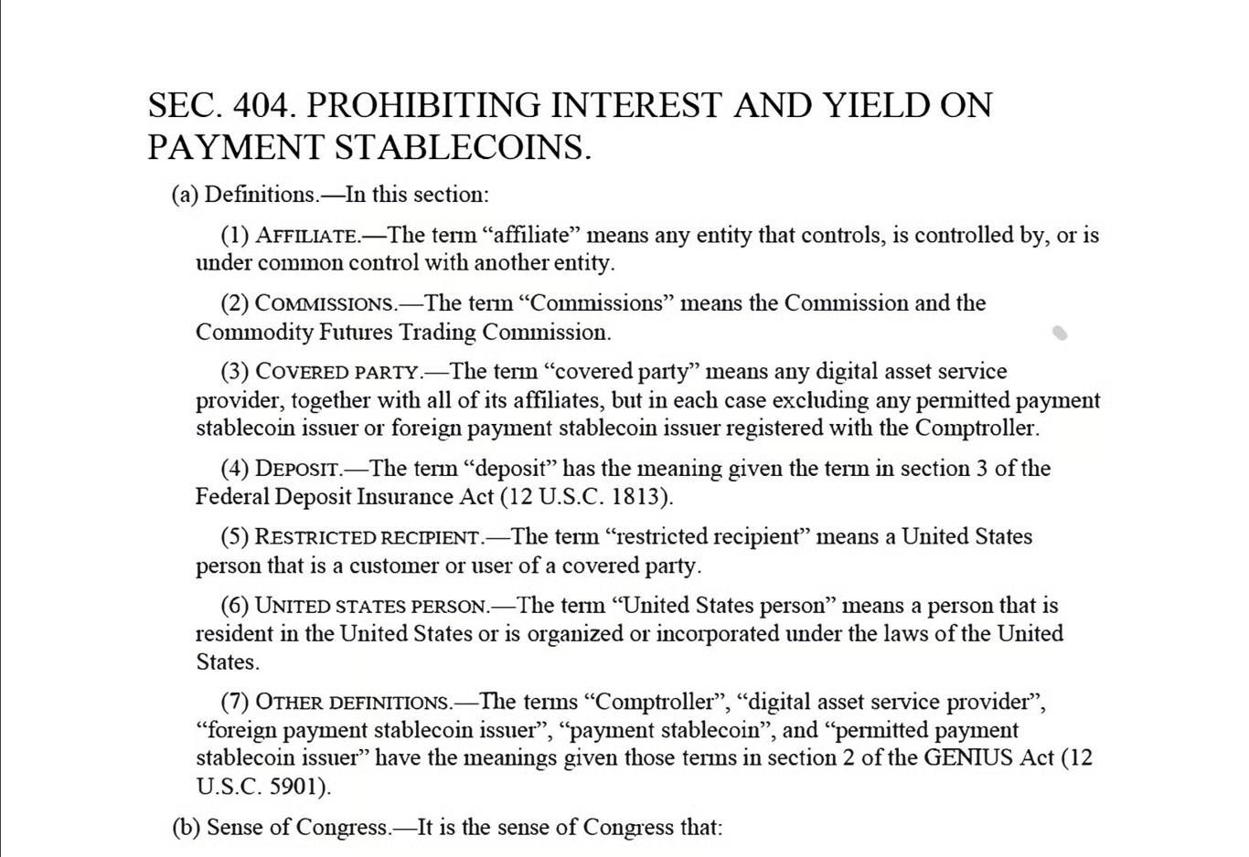 Section 404 excerpt from the CLARITY Act covering restrictions on interest and yield for payment stablecoins.