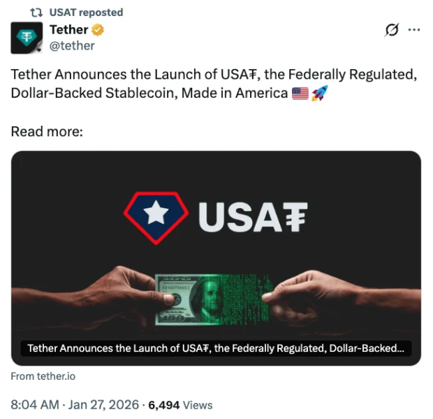 Tether announcement introducing USAT as a federally regulated U.S. dollar-backed stablecoin issued through Anchorage Digital Bank.
