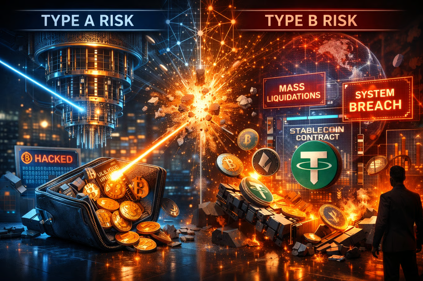 Diagram comparing individual wallet quantum risk with infrastructure-level quantum risk in crypto.
