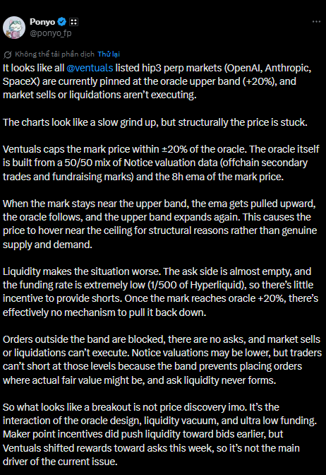 Screenshot of Ponyo’s X post discussing Ventuals oracle band issues and failed liquidation execution.