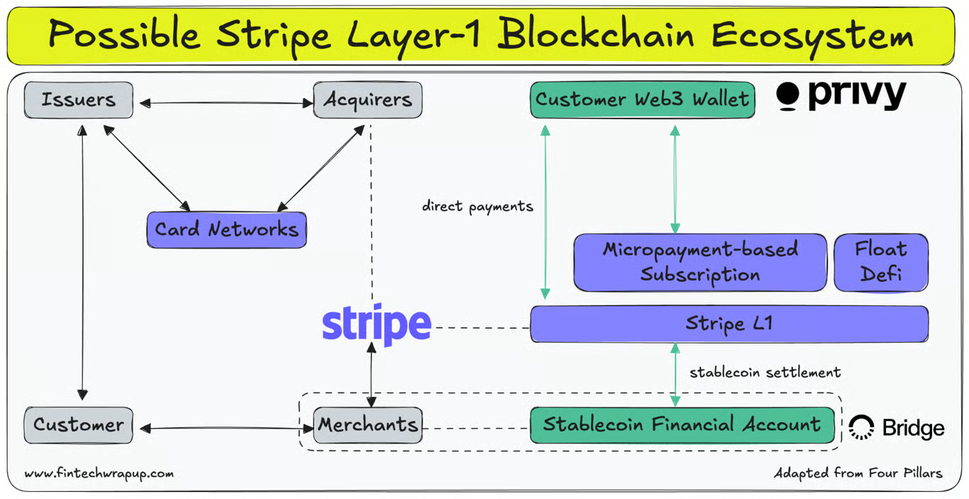 Diagram of a possible Stripe Layer-1 blockchain ecosystem connecting issuers, acquirers, card networks, merchants, customer wallets, Privy, Bridge, and Stablecoin Financial Accounts.