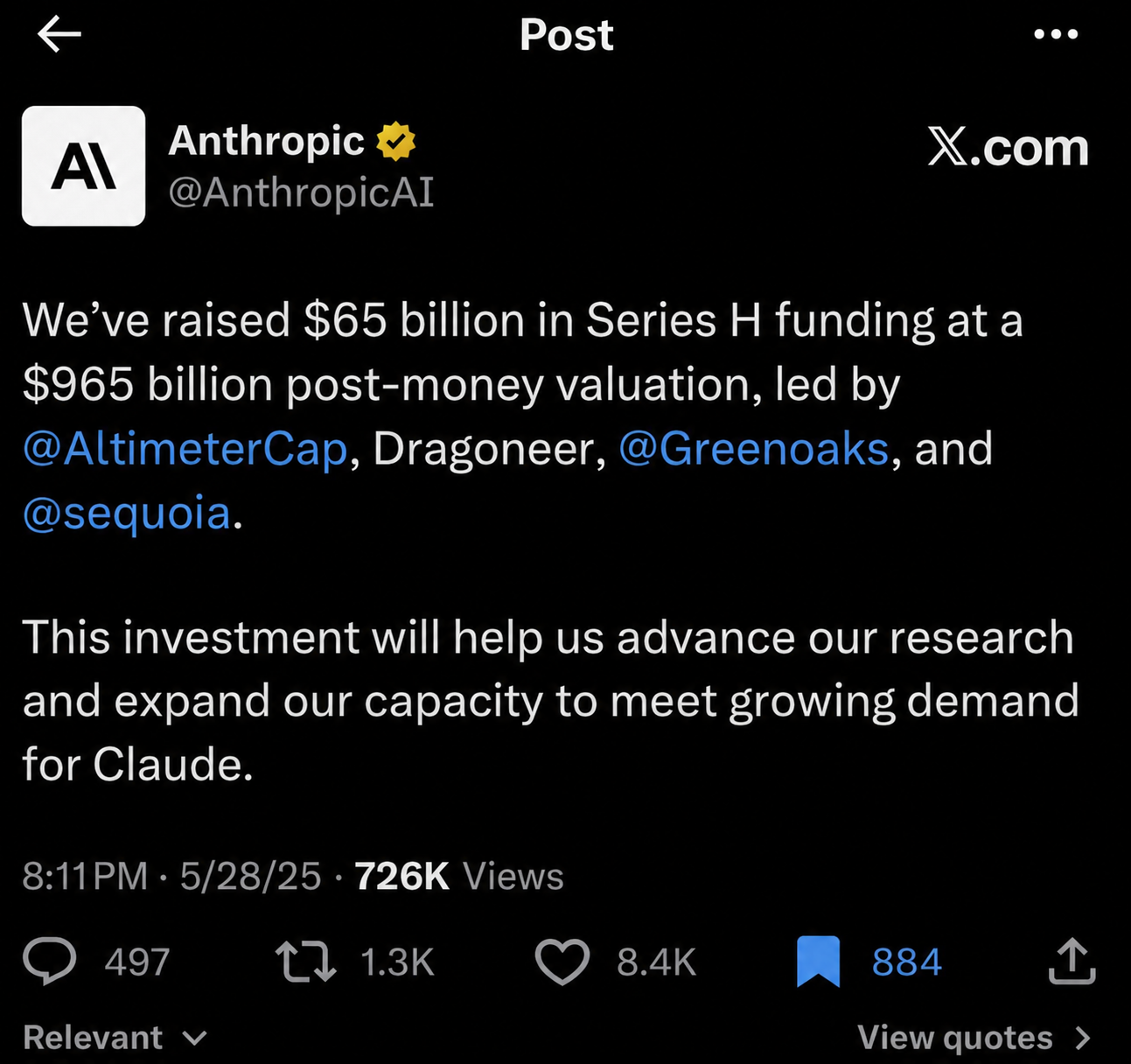 Anthropic funding graphic showing a $65 billion raise at a $965 billion post-money valuation.