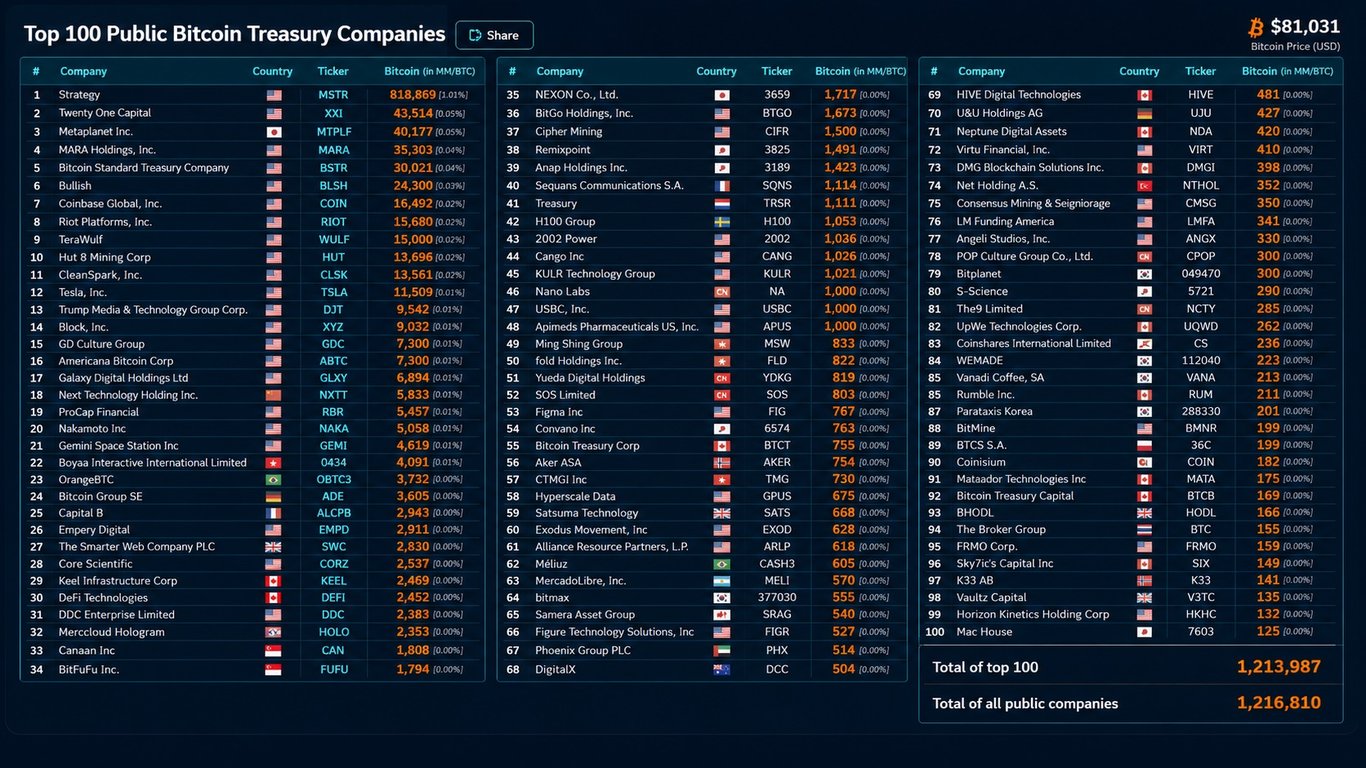 Top 100 public bitcoin Treasury Companies