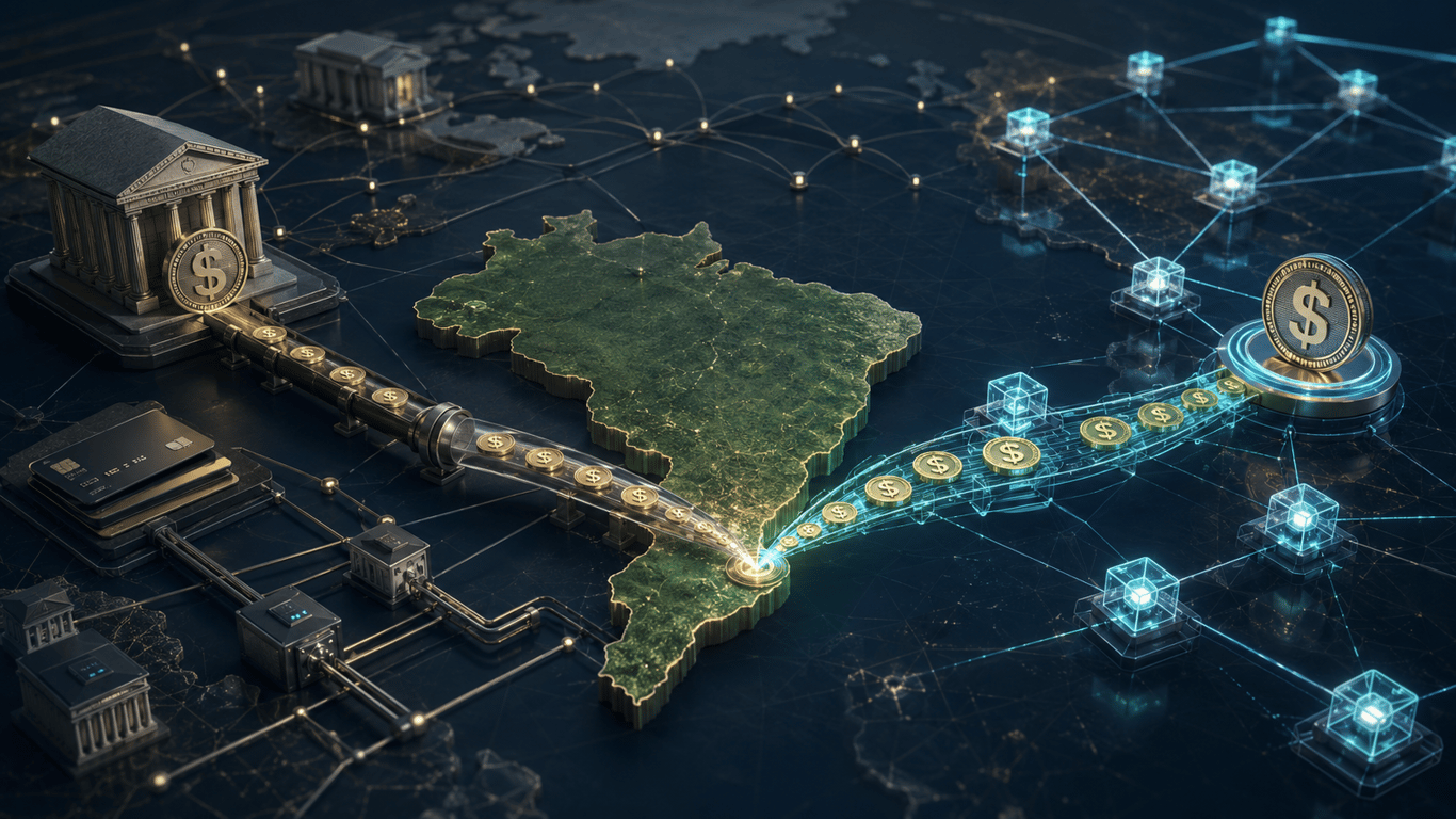 Conceptual illustration of U.S. dollar flows entering Brazil through two competing systems: traditional banking and card networks versus public blockchains and dollar-linked tokens. 