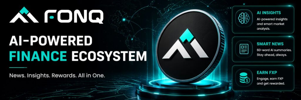 FONQ graphic showing its AI-powered finance ecosystem, token, market insights, smart news, and rewards.