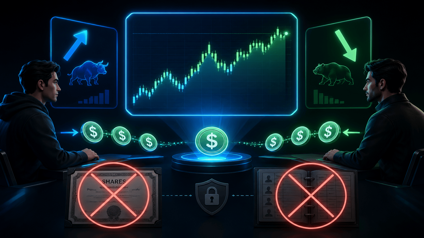 Diagram explaining synthetic perpetual contracts as price bets without ownership of underlying Anthropic shares.