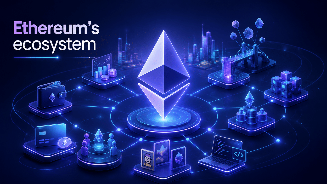 3D illustration of Ethereum’s ecosystem with a glowing ETH symbol connected to DeFi, wallets, NFTs, developer tools, bridges, staking, and Layer 2 network icons.