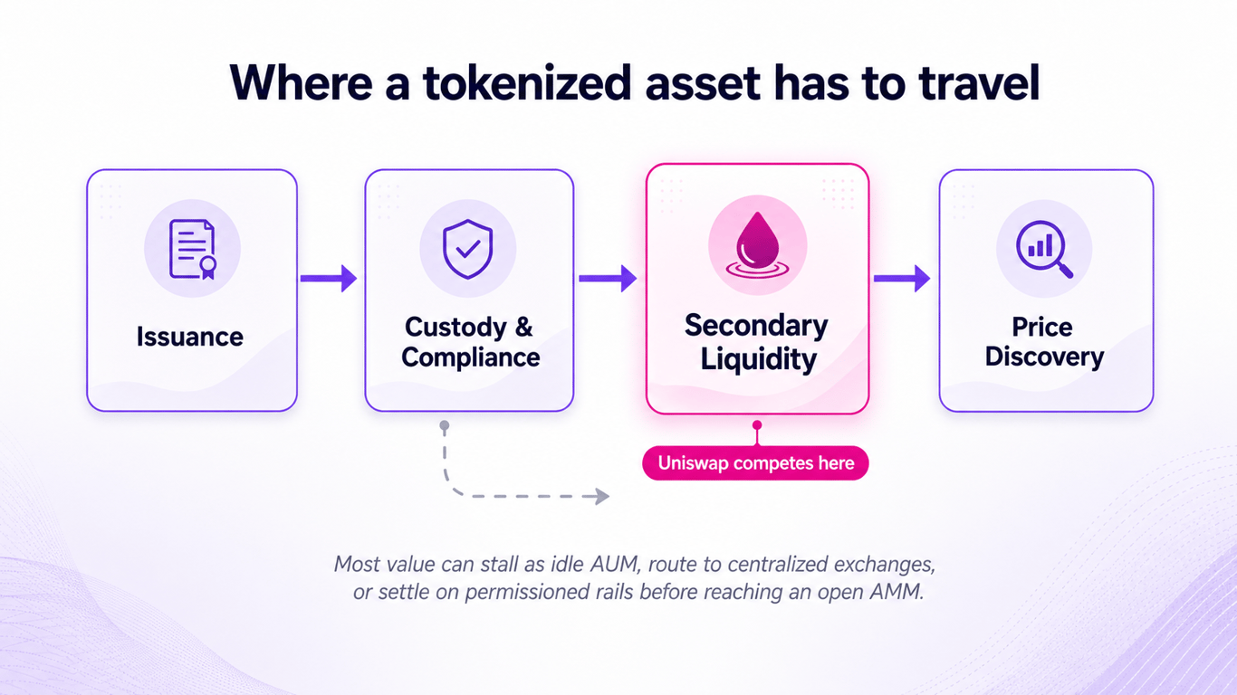 Diagram showing tokenized assets moving from issuance and custody to secondary liquidity and price discovery