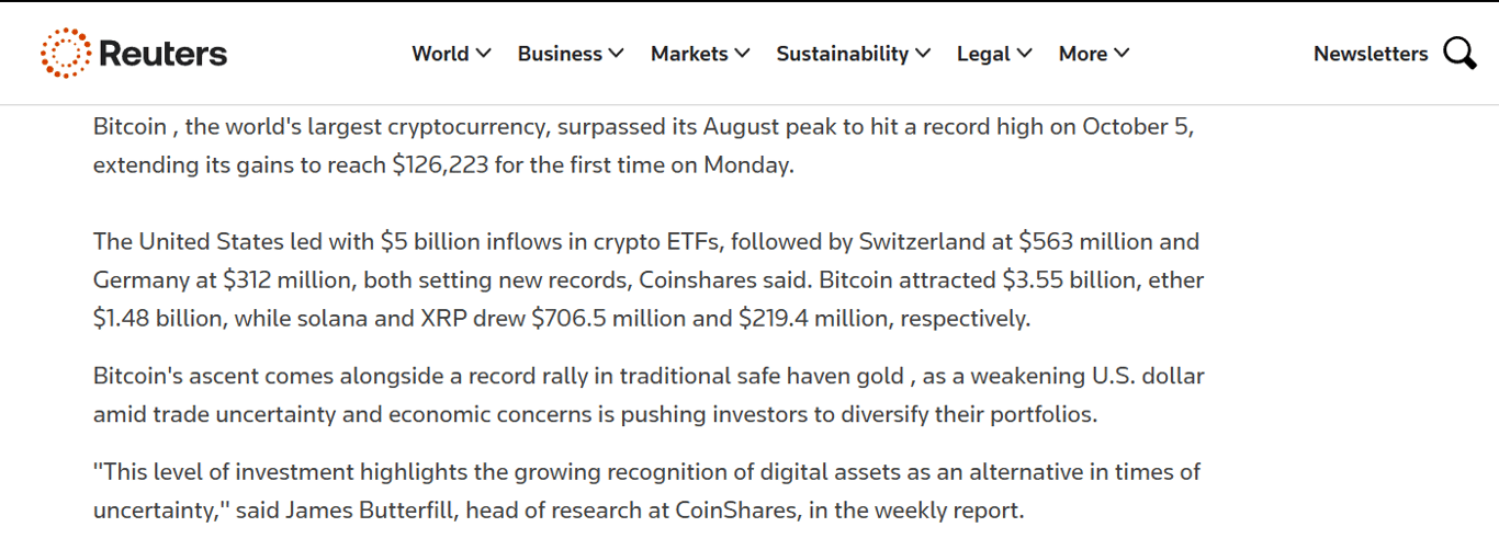 Reuters reported about record global inflows into crypto ETFs. Source: Reuters