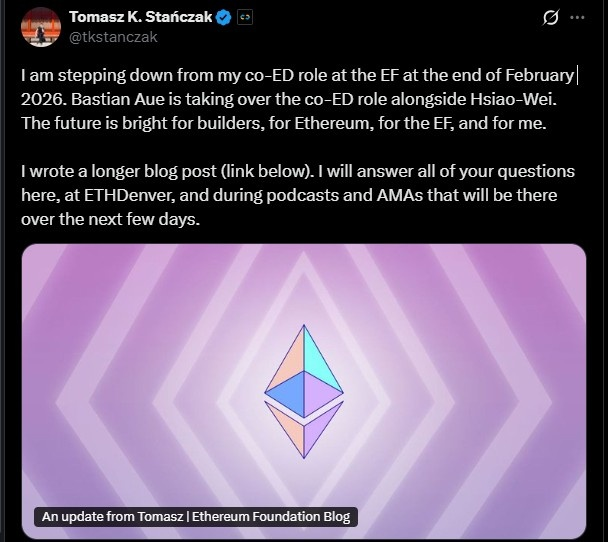 Screenshot of an X post announcing a planned Ethereum Foundation co-executive director transition, with an Ethereum logo graphic below the text.
