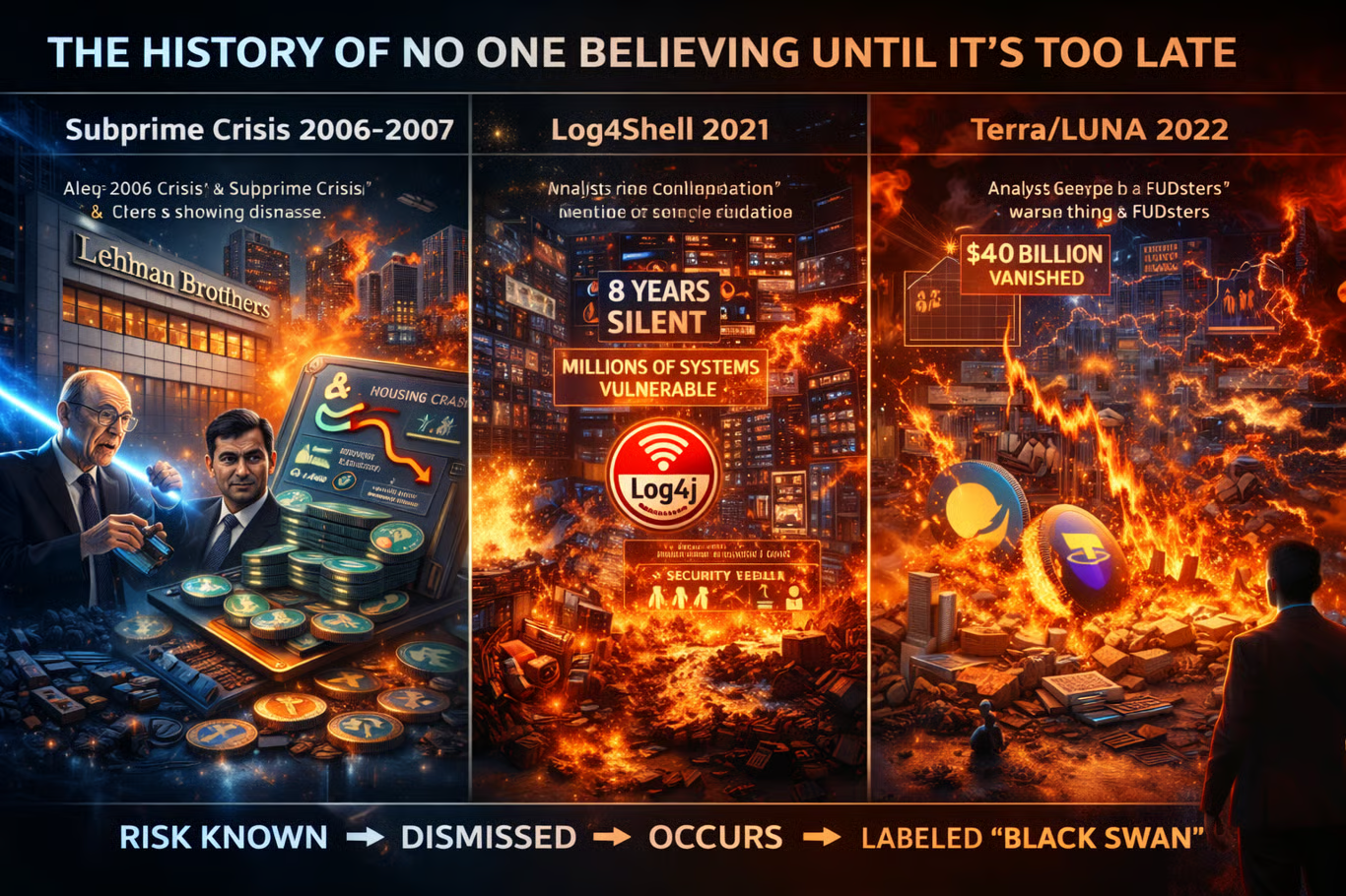 Historical risk comparison showing subprime crisis, Log4Shell, and Terra LUNA collapse as ignored warnings.