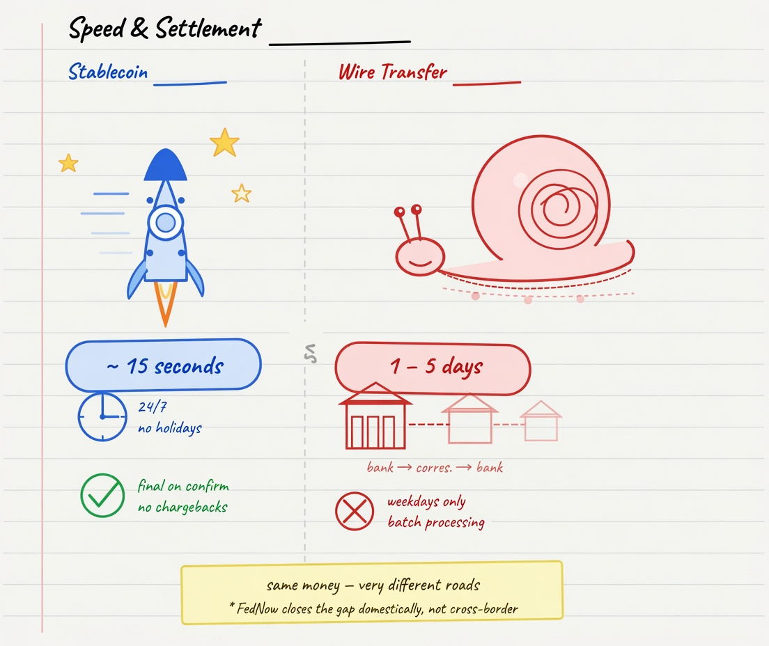 stablecoin vs traditional payments speed & settlement