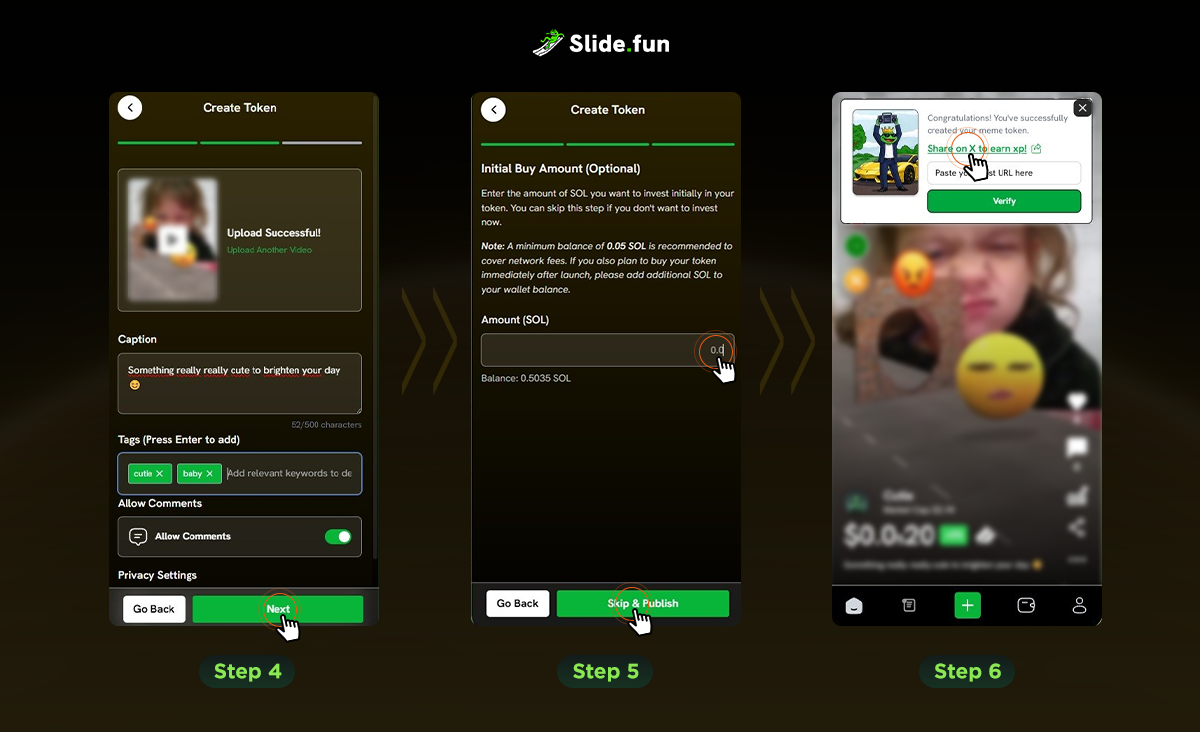 Slide.fun step-by-step guide for creating and publishing a token