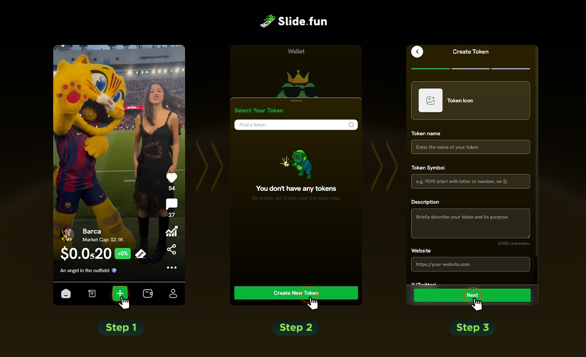 How to add token details including name, symbol, and description on Slide.fun app
