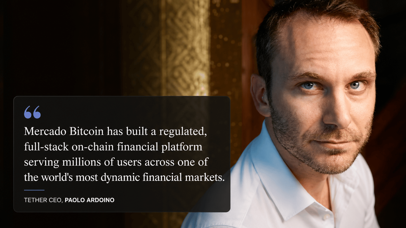 Tether CEO Paolo Ardoino alongside a quote describing Mercado Bitcoin as a regulated, full-stack on-chain financial platform serving millions of users.