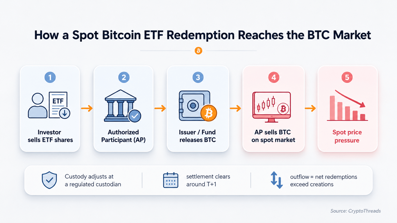 Infographic showing how a spot Bitcoin ETF redemption reaches the BTC market through five steps: investor sells ETF shares, authorized participant processes the redemption, issuer or fund releases BTC, the AP sells BTC on the spot market, and spot price pressure increases. A footer notes custody adjusts at a regulated custodian, settlement clears around T+1, and outflows occur when net redemptions exceed creations.