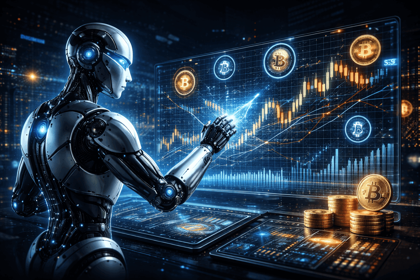 Futuristic AI trading agent analyzing Bitcoin price charts, market liquidity, volatility, and historical patterns across digital trading screens.
