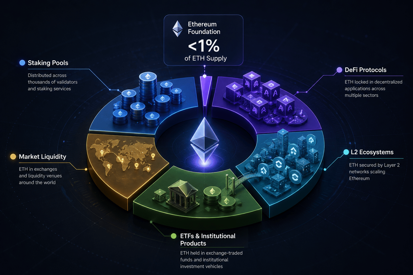 3D Ethereum infographic showing the Ethereum Foundation holding less than 1% of ETH supply, while staking pools, market liquidity, DeFi protocols, L2 ecosystems, and ETFs sit across the wider ecosystem.