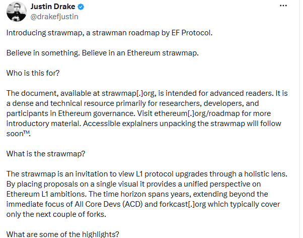 Screenshot of an X post introducing Ethereum’s strawmap as a long-term roadmap for L1 protocol upgrades.