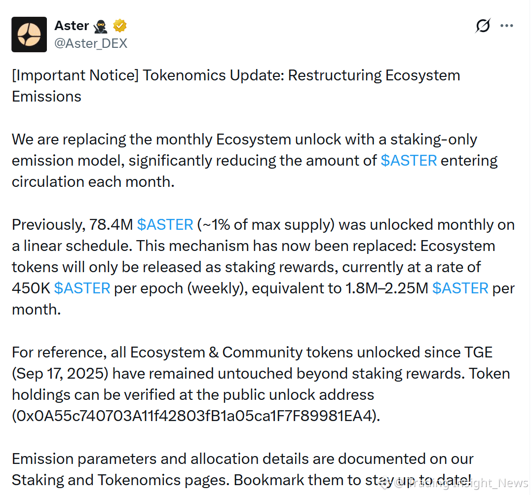 Aster announcement showing 97% monthly emission cut and shift toward staking-based token rewards
