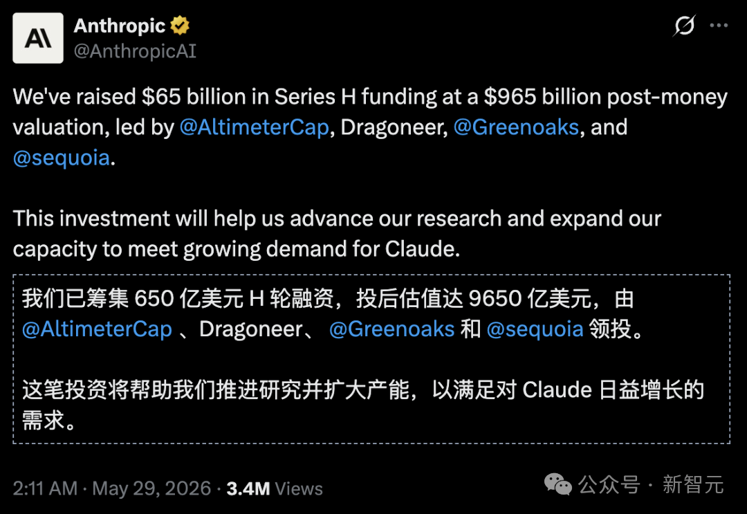 Anthropic Series H funding graphic showing $65 billion raised at a $965 billion post-money valuation.