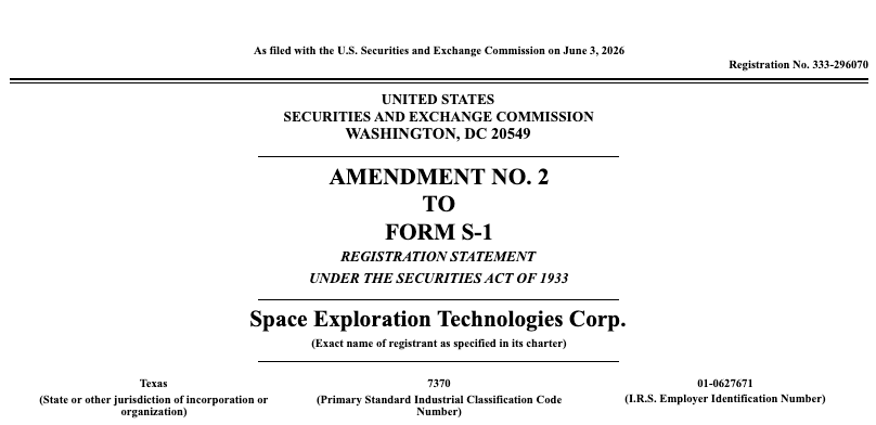 Screenshot of SpaceX’s Form S-1/A2 filing with the U.S. Securities and Exchange Commission, dated June 3, 2026.