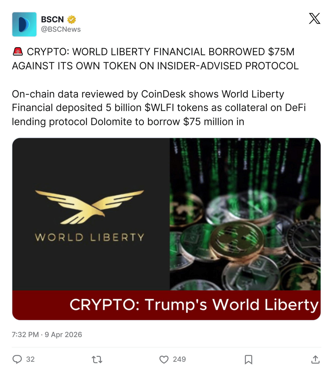 On-chain data showing World Liberty Financial depositing nearly 5 billion WLFI tokens as collateral for a Dolomite loan.