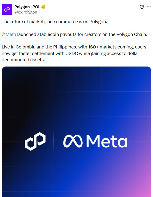 Polygon social post announcing Meta stablecoin payouts for creators on Polygon, with support for USDC payouts in Colombia, the Philippines, and future global markets.