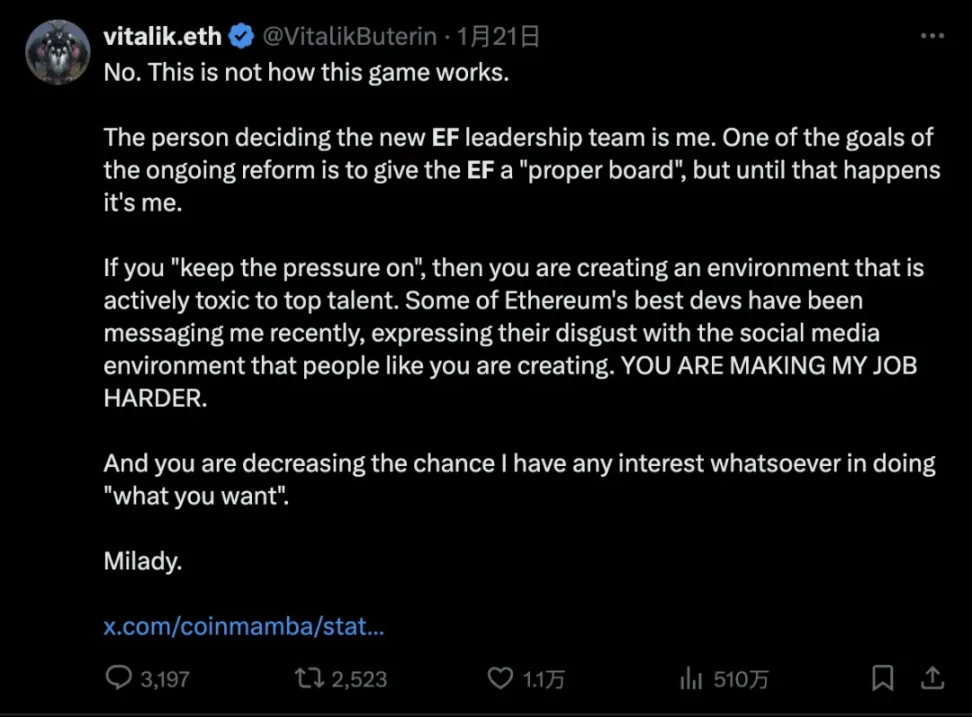 Screenshot of a Vitalik Buterin post criticizing public pressure on Ethereum Foundation leadership and warning that toxic social media pressure makes it harder to retain top Ethereum talent.