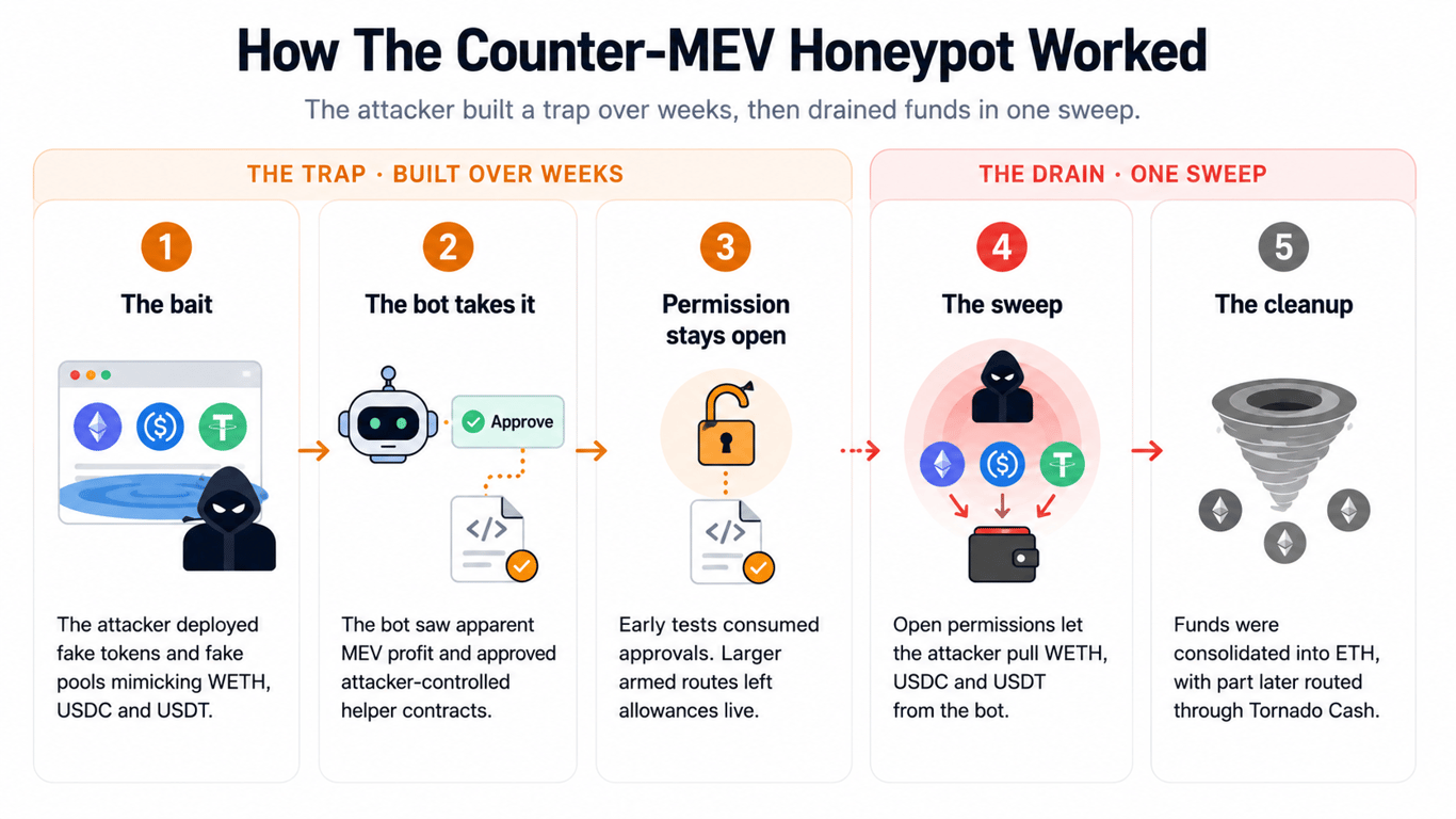 Five-step infographic showing how the Jaredfromsubway counter-MEV honeypot worked: fake tokens and fake pools baited the bot, approvals were granted, allowances stayed live, WETH, USDC and USDT were swept, and funds were later consolidated into ETH with part routed through Tornado Cash.