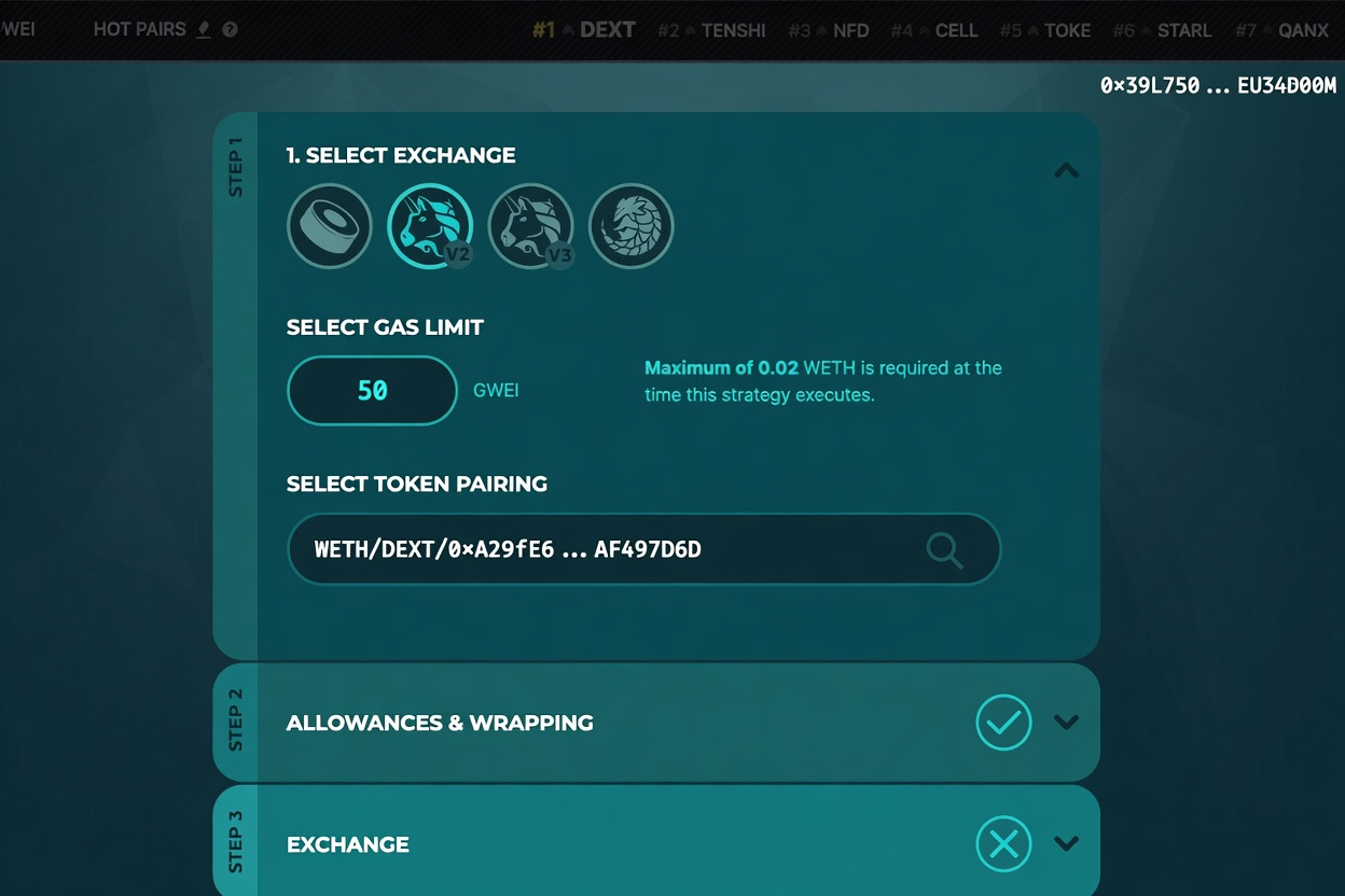 choose an exchange and configure gas settings