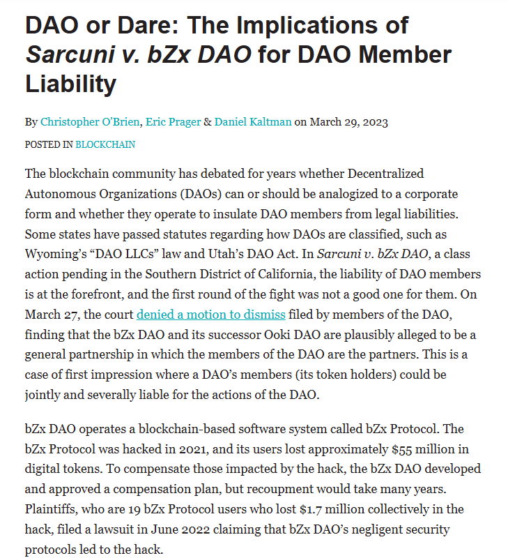 Screenshot of an article on Sarcuni v. bZx DAO, explaining how DAO token holders could face joint liability when a DAO is treated as a general partnership.