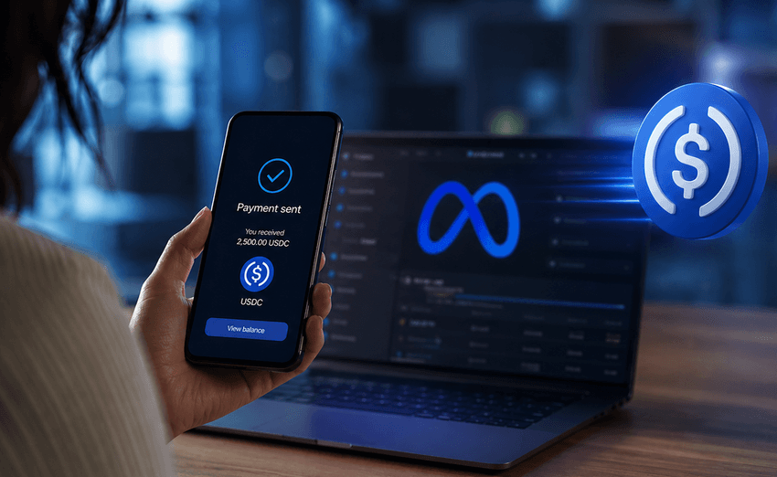 Creator receives a USDC payout through Meta, showing stablecoin payment distribution via wallet infrastructure instead of Meta issuing its own currency.