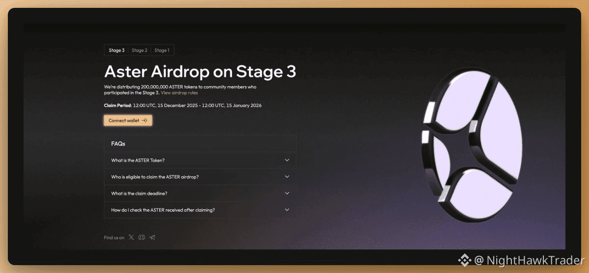 Aster Stage 3 Airdrop interface showing token distribution and claim structure during January 2026