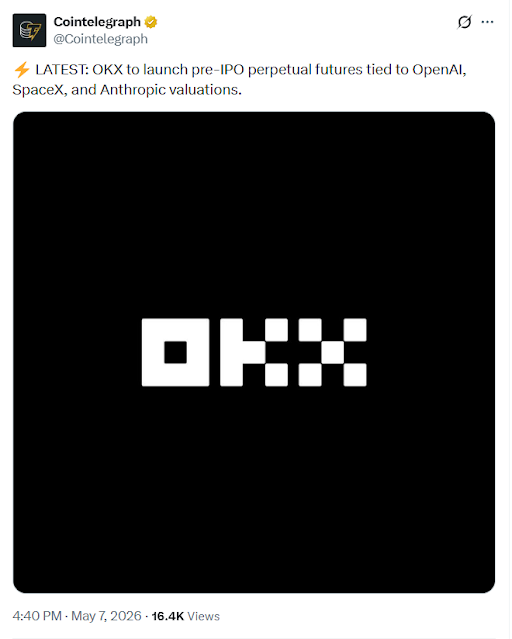 OKX announcement graphic showing pre-IPO futures for OpenAI, SpaceX, and Anthropic listed as synthetic crypto derivatives