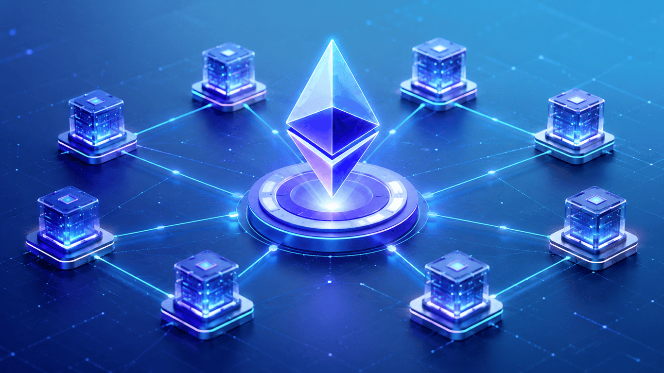 3D Ethereum decentralization image showing a glowing ETH symbol connected to multiple validator-like nodes across a blue blockchain network.