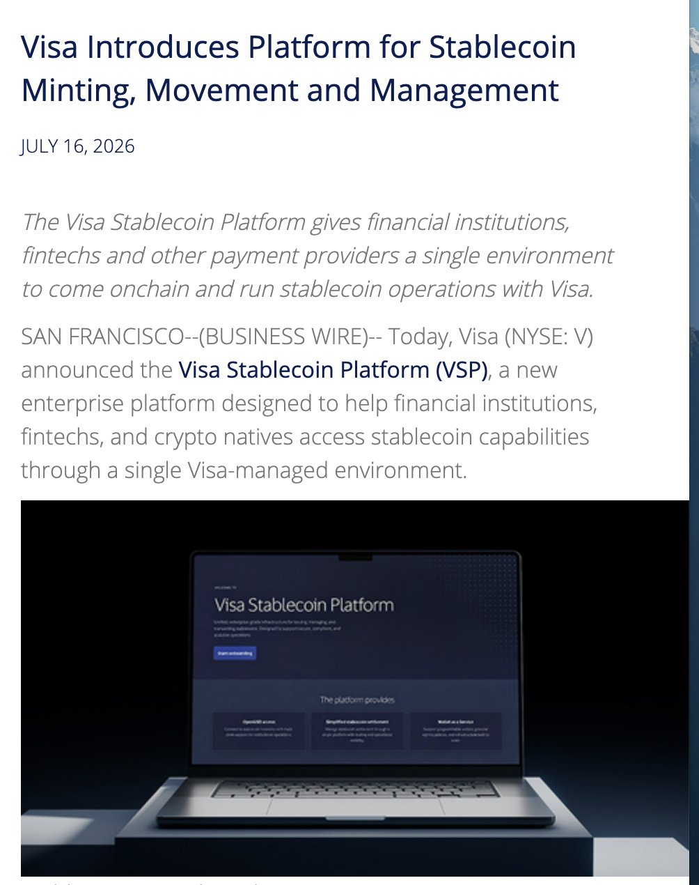 Visa announcement introducing the Visa Stablecoin Platform for minting, movement, and management.