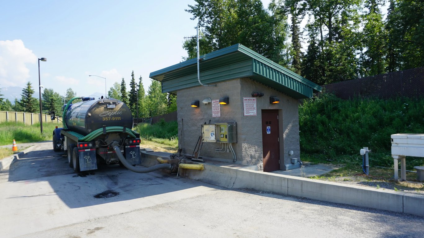 A septic hauler unloads at a Portalogic DS-200 waste dump station.